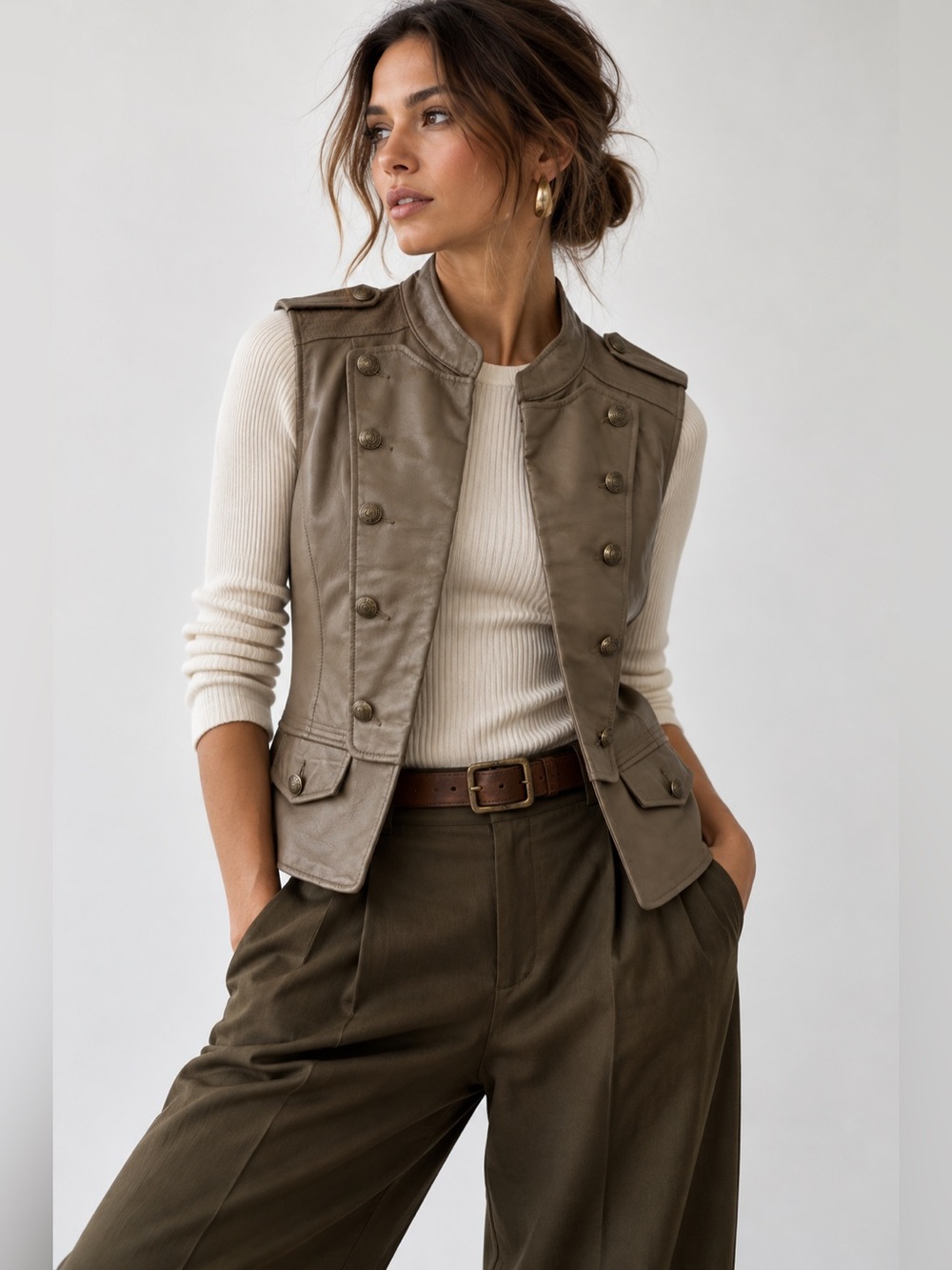 Nygard Collection Genuine Leather Military Moto Vest Taupe XL